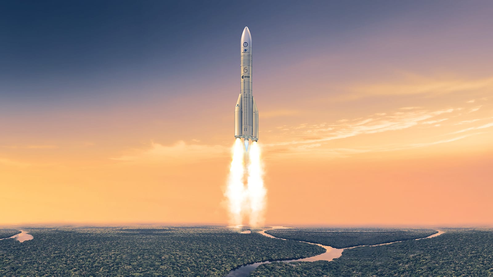 Ariane 6 lifting off above the Guianese forest