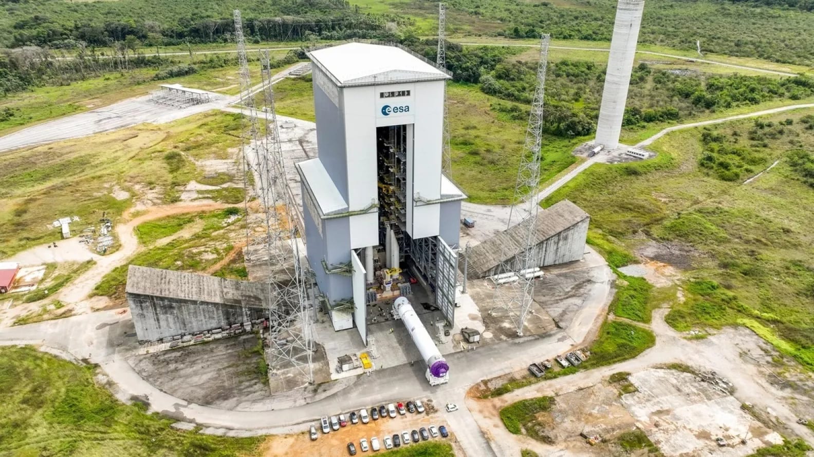 Aerial view of the Ariane 6 launch complex gantry at the CSG