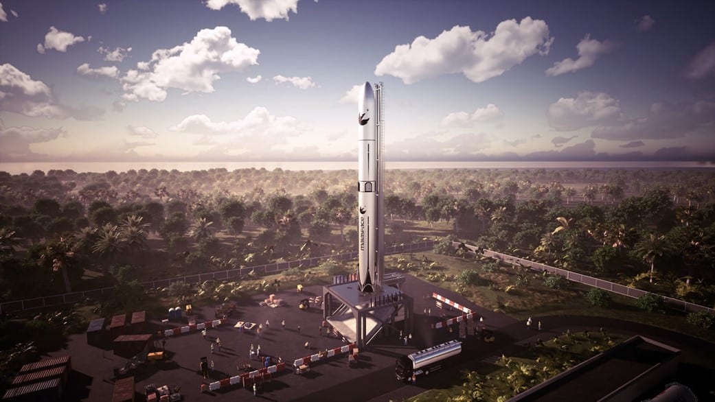 The Maia launcher upright on its launch table during ground operations