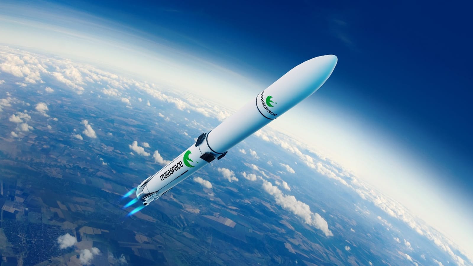 Artist view of the Maia reusable launcher in flight above Earth
