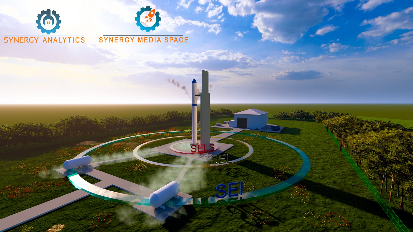 Render of a launch pad with computed danger zones drawn around the launcher